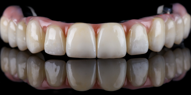 Prótesis dental fija de arcada completa sobre fondo negro